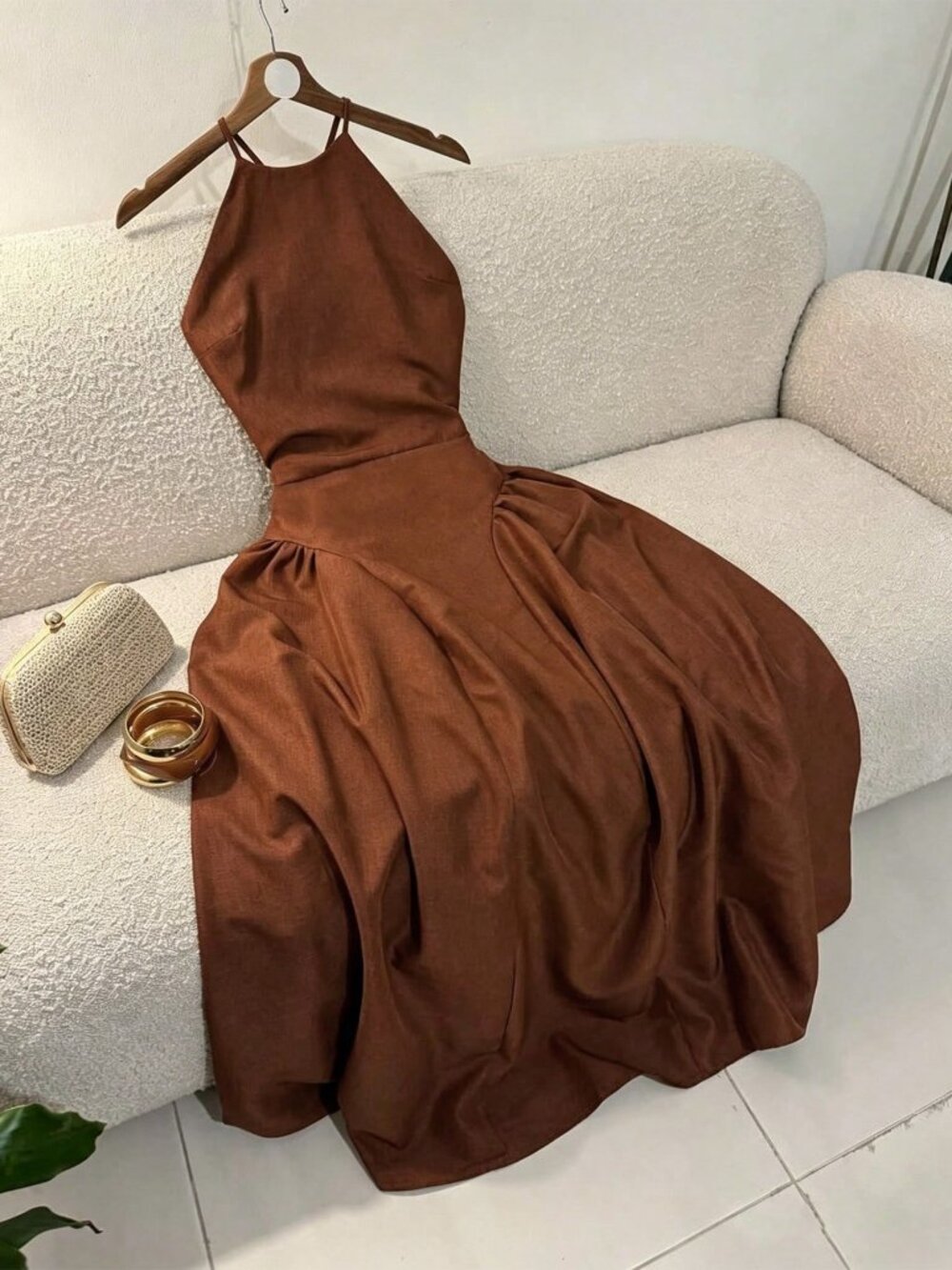 Coffee Brown Sexy Women's Two-Sided Ruched Open Back Wrap Tie Midi Dress - Picture 4 of 5